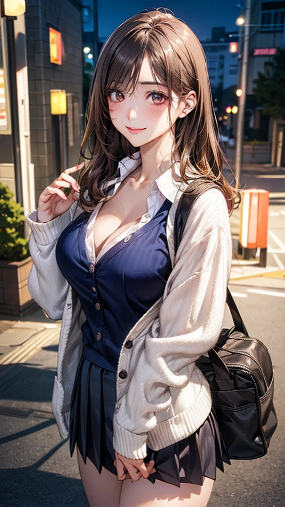 (masterpiece:1.2, top-quality), (realistic, photorealistic:1.4), beautiful illustration, (natural side lighting, movie lighting),
looking at viewer, cowboy shot, front view:0.6, 1 girl, japanese, high school girl, perfect face, cute and symmetrical face, shiny skin,
(long hair:1.4, half updo:1.5, light brown hair), hair between eye, dark brown eyes, long eye lasher, (large :0.6, seductive thighs),
beautiful hair, beautiful face, beautiful detailed eyes, beautiful clavicle, beautiful body, beautiful chest, beautiful thigh, beautiful legs, beautiful fingers, big brece breasts, busty, cl
((whiteared shvy pleated miniskirt, white cardigan)), pink panties, school bag,
(beautiful sceneening, riverside, walking, (lovely smile, upper eyes),