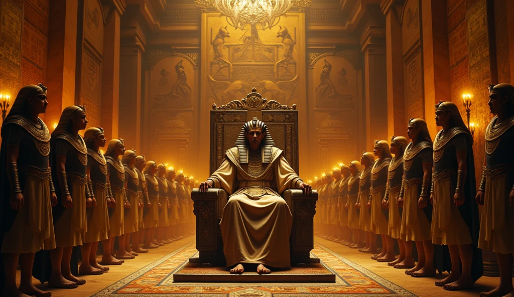 A pharaoh sitting on his throne, looking arrogant, surrounded by guards and assistants.