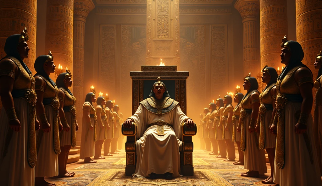 A pharaoh sitting on his throne, looking arrogant, surrounded by guards and assistants.