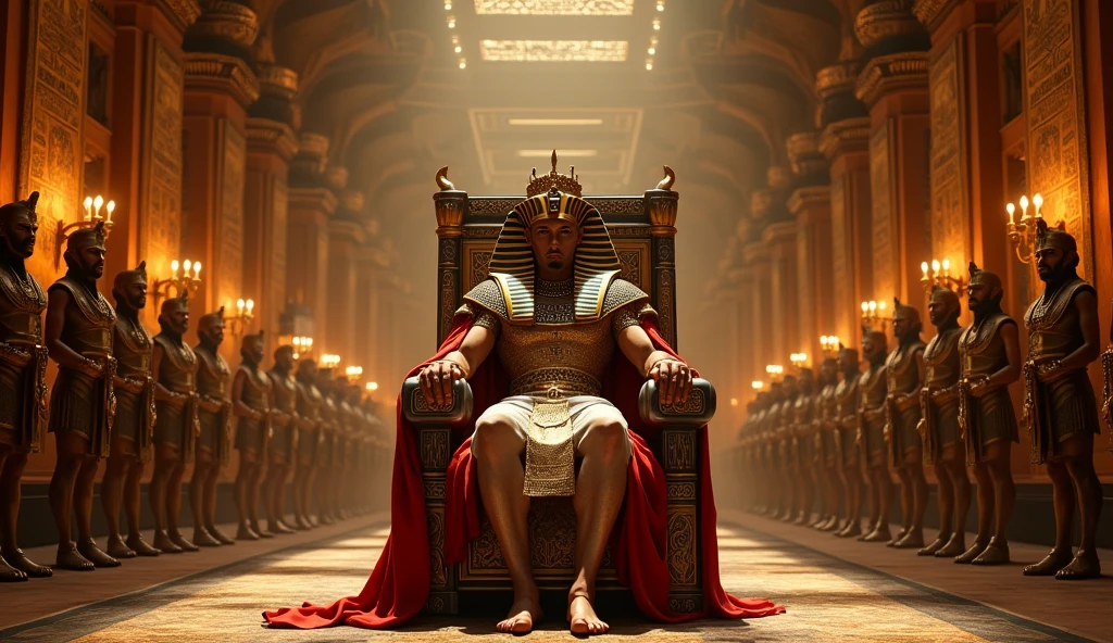 A pharaoh sitting on his throne, looking arrogant, surrounded by guards and assistants.
