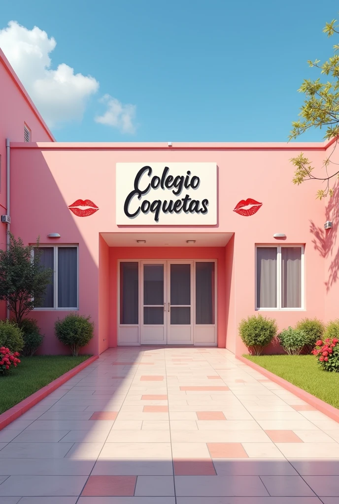 (photorealism:1.2)  Empty pink girls' school yard, classic or modern school building, clean in good shape, the sign "Colegio Coquetas" and the signs of many kisses 💋 on the walls, not childish drawings on the walls, no crosses anywhere, realistic, intricate details