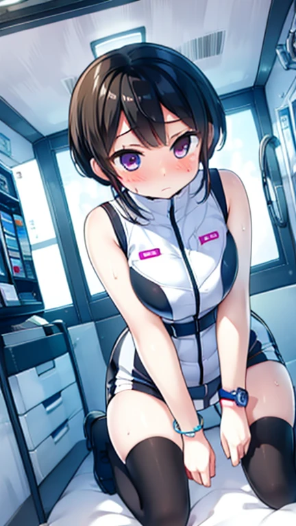 (Highest quality), (masterpiece), 1080P, High resolution, 4K, 8k, Inside the space station、Futuristic room、Thigh straps, Shooting from directly below, The woman on top of me, 白いSweat, Covered , Sweat, Woman looking down, Skirt swimsuit, Thigh-high socks, To achieve this, , , whole body, Black leather shoes, Braided hair, Inner Color, Embarrassed face, Short black hair, bracelet, Bedroom,celestial body_Vest
