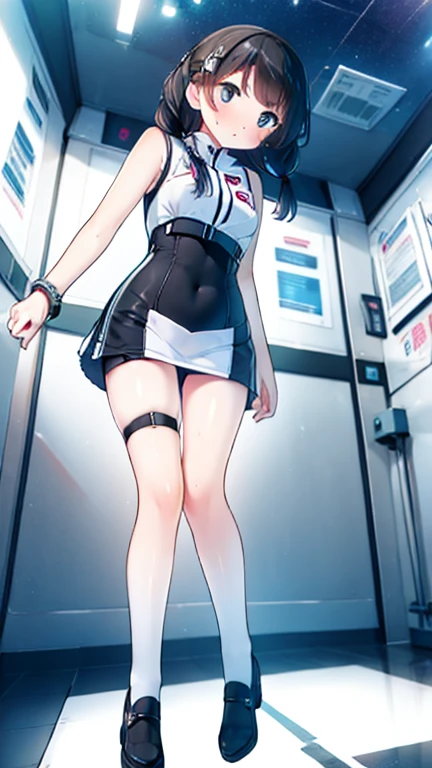 (Highest quality), (masterpiece), 1080P, High resolution, 4K, 8k, Inside the space station、Futuristic room、Thigh straps, Shooting from directly below, The woman on top of me, 白いSweat, Covered , Sweat, Woman looking down, Skirt swimsuit, Thigh-high socks, To achieve this, , , whole body, Black leather shoes, Braided hair, Inner Color, Embarrassed face, Short black hair, bracelet, Bedroom,celestial body_Vest
