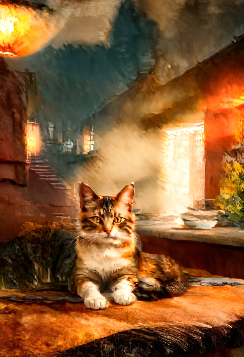 a cozy cafe interior, a cat sitting on a table, warm lighting, a comfortable and inviting atmosphere, high quality, photorealistic, 8k, detailed, warm color palette, natural lighting, soft focus, depth of field, elegant composition, cinematic lighting, warm tones, atmospheric, peaceful, serene