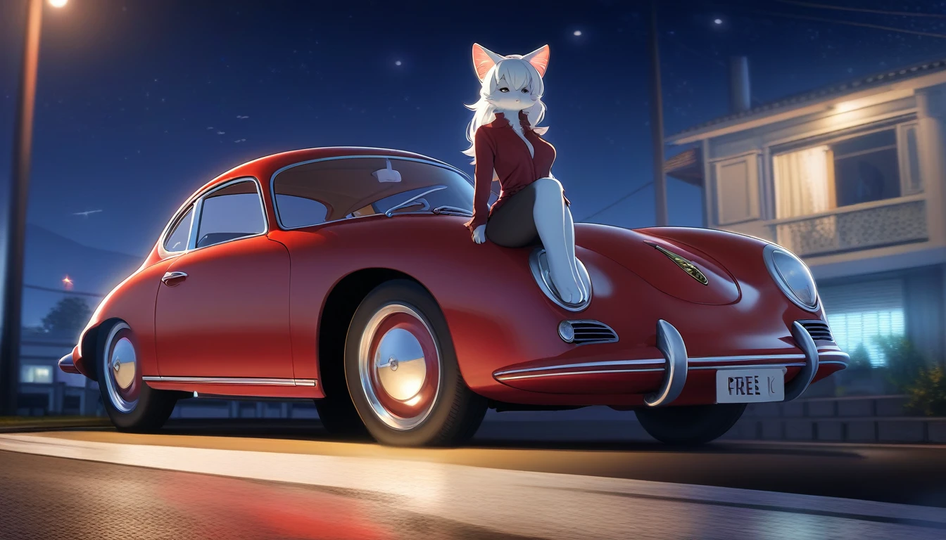 ((Masterpiece)), ((Best Quality)), (Very Detailed), ((Very Detailed)), 4K, (8K), very aesthetic, absurdres highres, 1 woman, (anthropomorphic cat, furry, kemono:1.5), A beautiful female model leans against a metallic red Porsche 356 on a road along the coast against a cool night view. Her fashion exudes a free spirit, and her car's chrome bumper and open top shine. The shot is shot from a low angle, emphasizing the car and the woman.