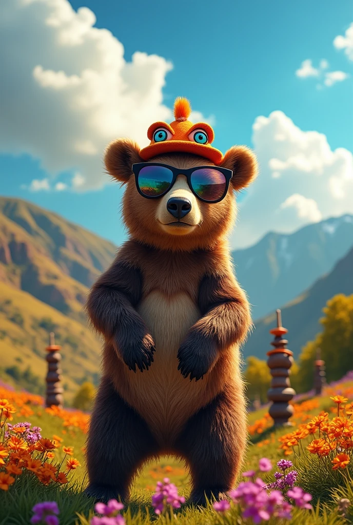 Bear wearing sunglasses from Peru with a frog hat