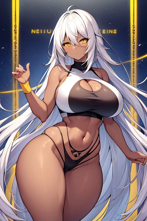 1girl, dark skin, dark-skinned female, white hair, long hair, yellow eyes, large breasts, wide hips, thick thighs, sportswear, shy, sports bra, hourglass figure, mature female, highleg, ((highleg)), bare legs, yellow trim, hair over eyes, long bangs, ((hair over eyes)), ((long bangs)), gold trim, timid, text, number, numbers,