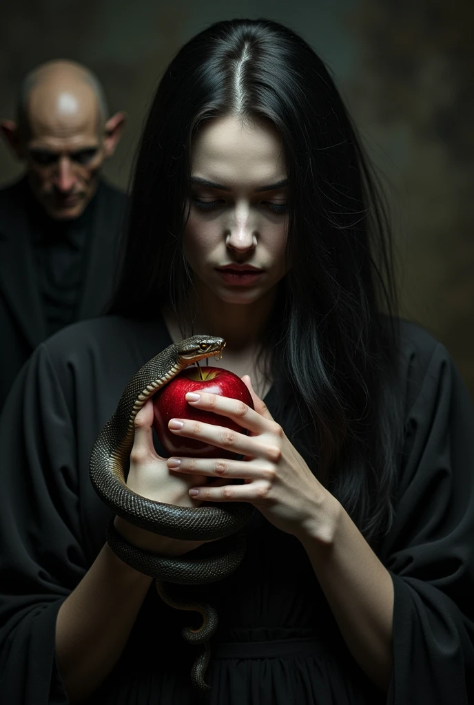 "Imagine an incredibly beautiful woman with fair skin and long black hair, her face bare of makeup. Her expression is a disturbing blend of sinister and twisted affection, reflecting a deep sense of nihilism and romantic despair. The image is dark and photographic, filled with deep shadows that intensify the menacing atmosphere. She is holding a bitten apple, with a serpent tightly coiled around her hand. Behind her, a male figure emerges. His face is grotesque and terrifying, partially obscured by darkness, with only glimpses of his disfigured features visible through the shadows."