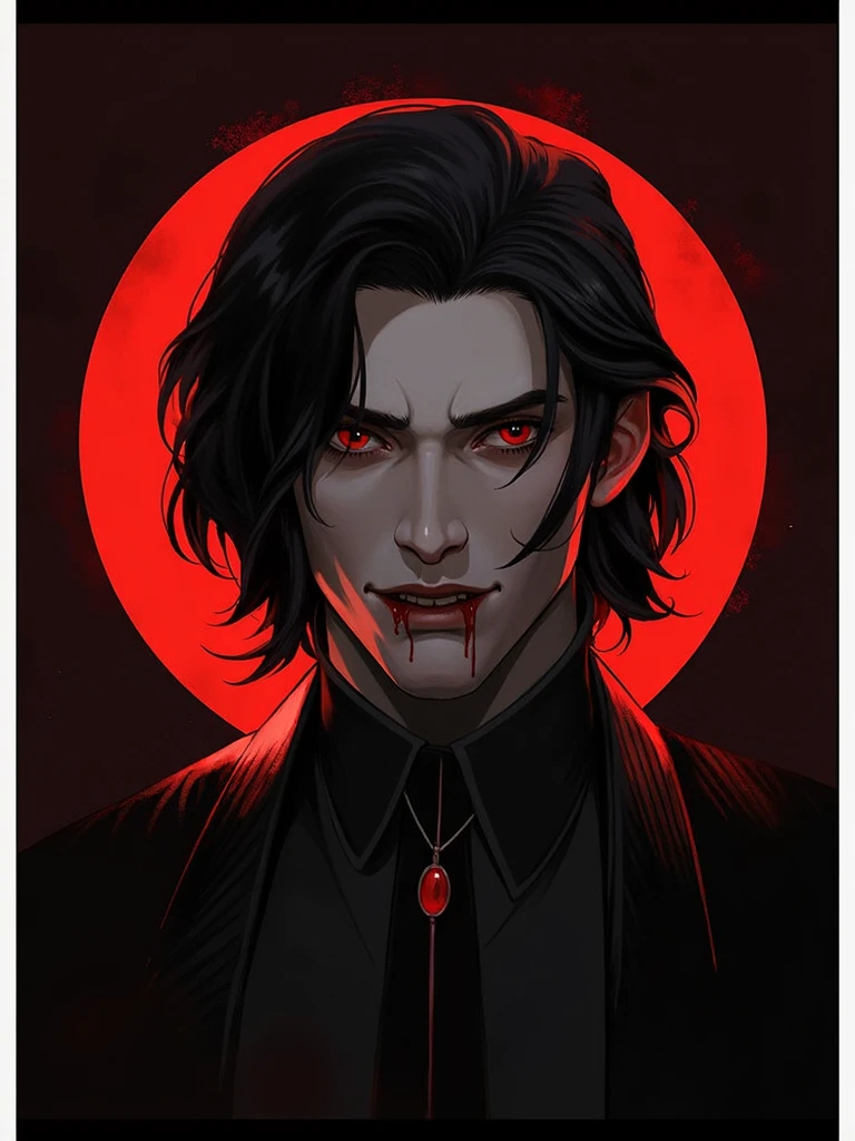 oil painting of a male vampire, pale skin, crimson eyes, long white hair, sharp, muscular features, edwardian gothic clothing