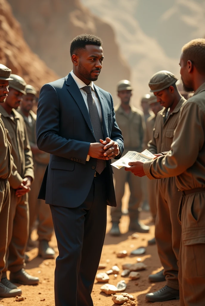 Business man giving paper money to the poor people working in the mining site. 3D.