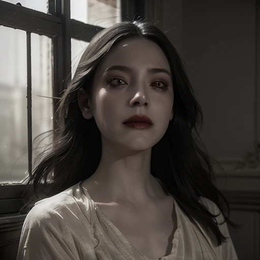 full body masterpiece, ultra realistic, 16k, high quality, incredibly detailed, dream aesthetic, dream atmosphere, cinematic, (sharp focus : 1.5), (photorealistic : 1.3) , A hyperrealistic young, very pale woman with long black hair and sad eyes, with a beautiful face, wearing a white dress. She is looking out of an old antique window. Horror and gothic atmosphere, with dramatic lighting and intricate details in both the woman and the surroundings. The window should have a gothic design, with shadows and light playing off her expression to enhance the mood of melancholy and mystery.