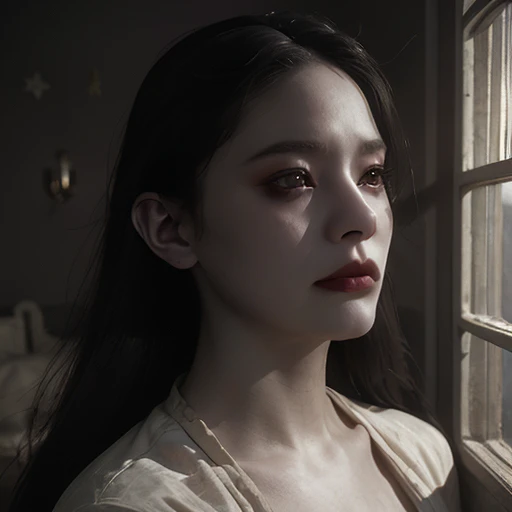 full body masterpiece, ultra realistic, 16k, high quality, incredibly detailed, dream aesthetic, dream atmosphere, cinematic, (sharp focus : 1.5), (photorealistic : 1.3) , A hyperrealistic young, very pale woman with long black hair and sad eyes, with a beautiful face, wearing a white dress. She is looking out of an old antique window. Horror and gothic atmosphere, with dramatic lighting and intricate details in both the woman and the surroundings. The window should have a gothic design, with shadows and light playing off her expression to enhance the mood of melancholy and mystery.