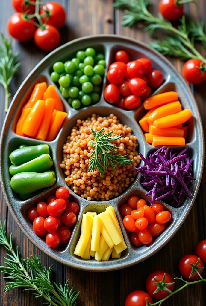 A dish with well organized and colorful rooms