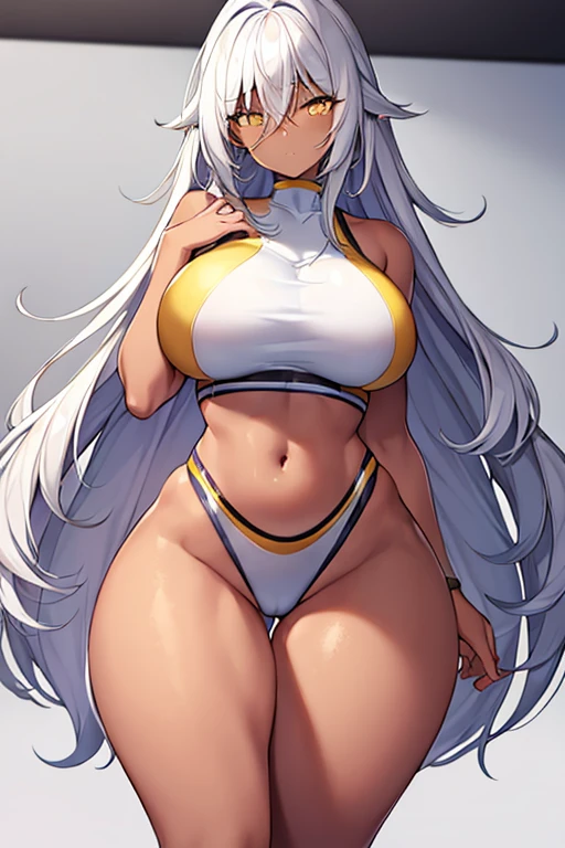 1girl, dark skin, dark-skinned female, white hair, long hair, yellow eyes, large breasts, wide hips, thick thighs, sportswear, shy, sports bra, hourglass figure, mature female, highleg, ((highleg)), bare legs, yellow trim, hair over eyes, long bangs, ((hair over eyes)), ((long bangs)), gold trim, timid, text, number, numbers,