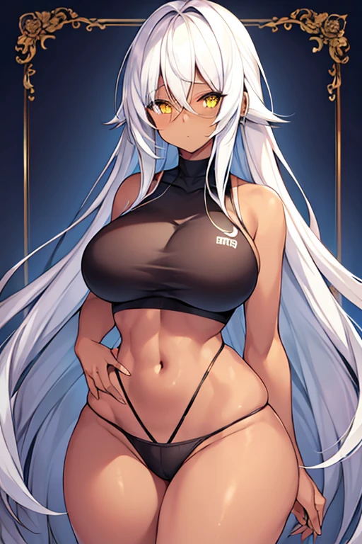 1girl, dark skin, dark-skinned female, white hair, long hair, yellow eyes, large breasts, wide hips, thick thighs, sportswear, shy, sports bra, hourglass figure, mature female, highleg, ((highleg)), bare legs, yellow trim, hair over eyes, long bangs, ((hair over eyes)), ((long bangs)), gold trim, timid, text, number, numbers,