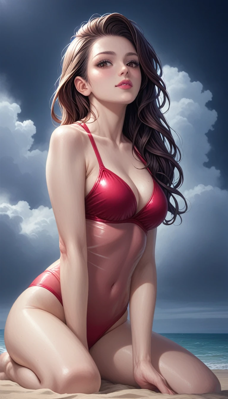 score_9, score_8_superior, score_7_superior, High-resolution CG illustration,A masterpiece in 32K resolution,Highest quality,it is really amazing,Very detailed,Ultra-high resolution,Ultra-realistic,Realistic,Increased depth of field,Cinematic lighting,
Sexy mature Japan woman,
Straight long hair with black hair,Showing his forehead,Cool Beauty,Ultra-detailed and beautiful face,Calm and gentle look,Beautiful brown eyes,Transparent white skin,Realistic skin texture,Great proportions,
Elegant red swimsuit,
Simple design,Chic color scheme based on red,Detailed fabric texture,
(Dark overcast sky on a dull night:1.1),(Dark clouds filling the sky:1.1),Thundercloud,Coastline at night,Stormy seas,delay々A desolate sandy beach that continues,
Kneeling on the sand,Low - Angle,