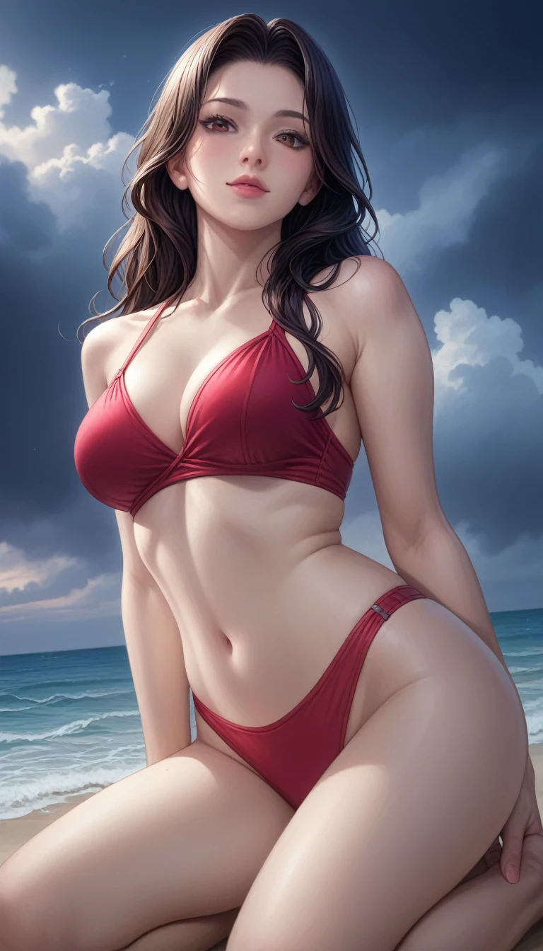 score_9, score_8_superior, score_7_superior, High-resolution CG illustration,A masterpiece in 32K resolution,Highest quality,it is really amazing,Very detailed,Ultra-high resolution,Ultra-realistic,Realistic,Increased depth of field,Cinematic lighting,
Sexy mature Japan woman,
Straight long hair with black hair,Showing his forehead,Cool Beauty,Ultra-detailed and beautiful face,Calm and gentle look,Beautiful brown eyes,Transparent white skin,Realistic skin texture,Great proportions,
Elegant red swimsuit,
Simple design,Chic color scheme based on red,Detailed fabric texture,
(Dark overcast sky on a dull night:1.1),(Dark clouds filling the sky:1.1),Thundercloud,Coastline at night,Stormy seas,delay々A desolate sandy beach that continues,
Kneeling on the sand,Low - Angle,