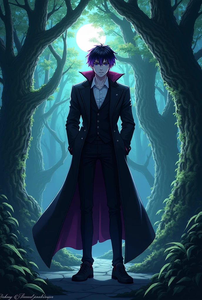 Boy with black hair and purple highlights, black eyes and white skin, that their facial features are a little strong, is a vampire, so he loves the forest. He's an adult now.
Let it be in 2d or anime