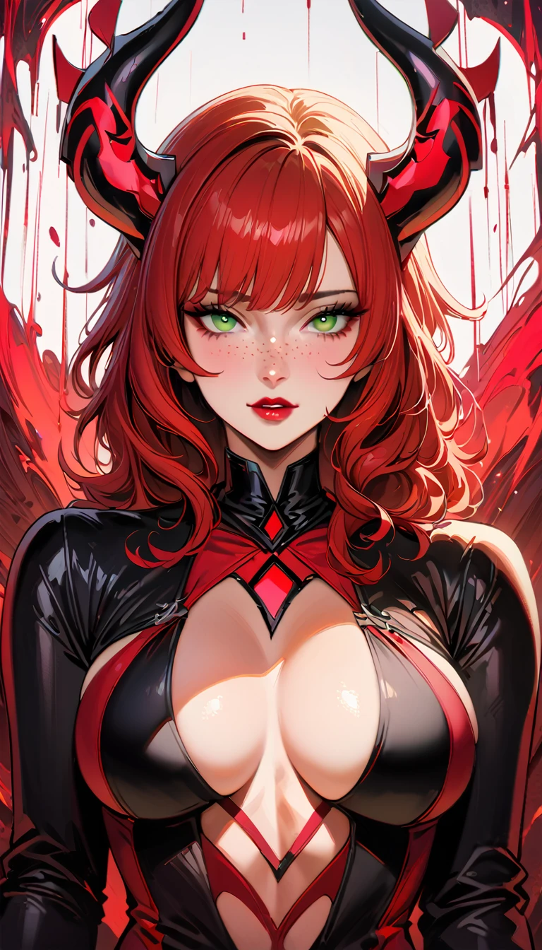 (high quality, 8k, 4K, high contrast, artwork:1.2, high quality, best aesthetics), (centered), ((1 woman)), erotic, sensual, mature body, grown woman, super detailed, beautiful face detailed, beautiful eyes detailed, detailed beautiful mouth, (long wavy red hair), (green eyes), (freckles), (red eyeshadow), (black eyeliner), (red lipstick), (blushing), (calm expression), (pair of white bunny ears), (plain white shirt), (black denim shorts), (black Adidas jacket with the zipper completely open), (simple background), (inside a bedroom), (standing), (straight posture), (front view of woman), (big breasts), (wide legs)