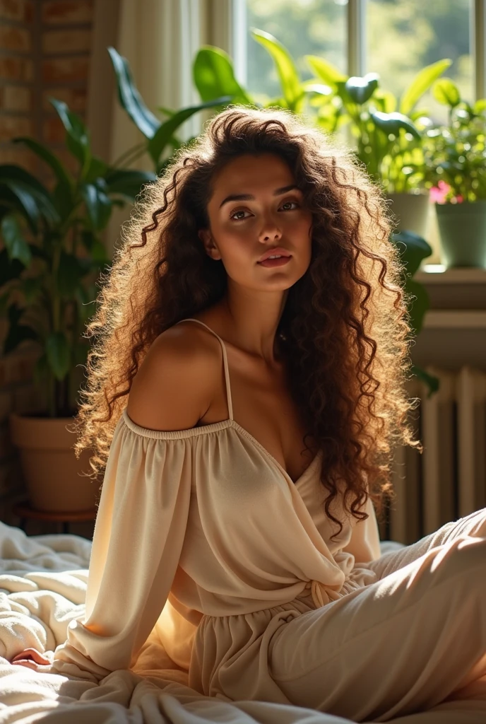 (photorealism:1.2), beautiful woman, sitting on bed, wearing loose off-shoulder top, pajama pants, long curly hair, indoors, soft lighting, plants in background, window with sunlight, cozy room, relaxed pose, realistic, intricate details, warm colors, by Greg Rutkowski, by Alphonse Mucha