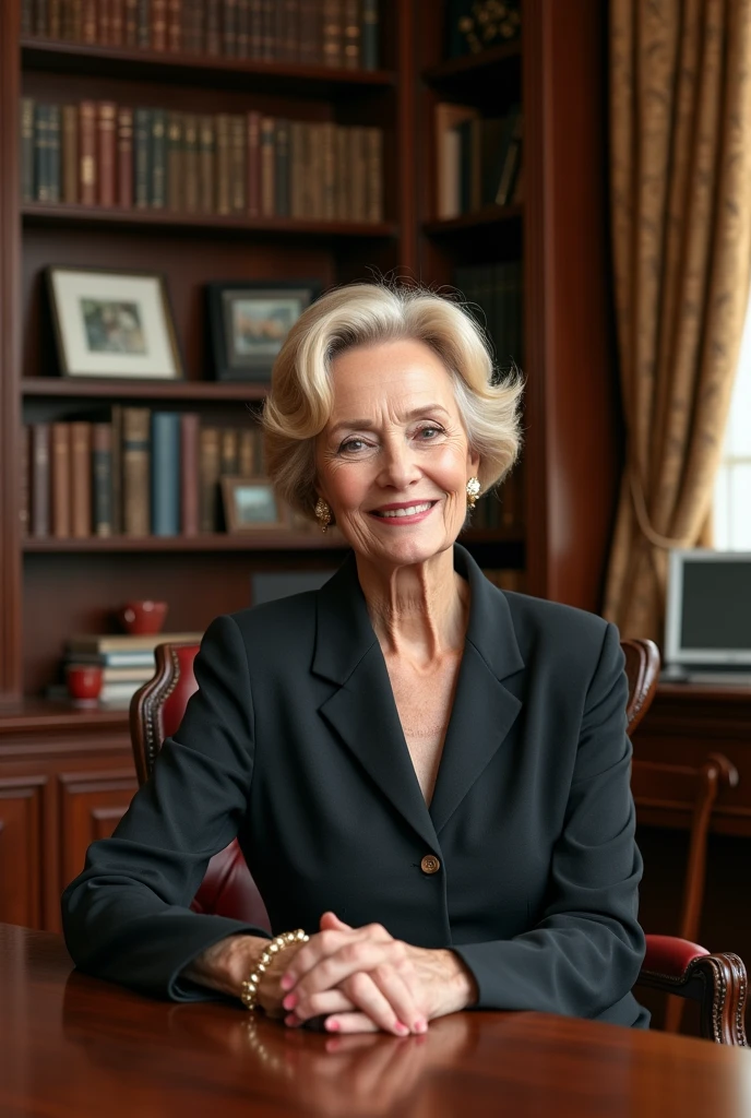 I want a realistic image of an elegant older woman. She is 60 years old with well-maintained blonde hair and a wrinkled face. She is in her office sitting at a desk. 