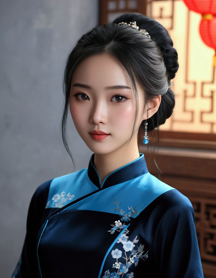 a girl, typical Chinese blue dress with long black sleeves, realistic face, 4k