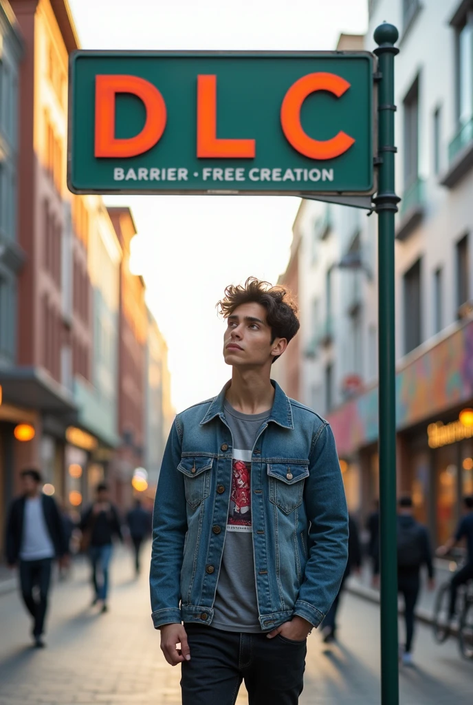 Generate an image of a young man looking at a street sign that says DLC Barrier-Free Creation