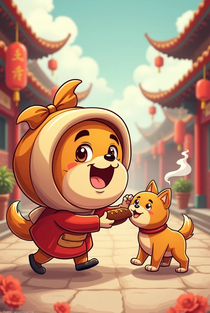 Chinese meat bun hits dog logo,Highlighting the act of hitting a dog,with a bun that has a head scarf,with the character baozi written on it。