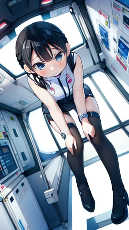 (Highest quality), (masterpiece), 1080P, High resolution, 4K, 8k, Inside the space station、Futuristic room、Thigh straps, Shooting from directly below, The woman on top of me, 白いSweat, Covered , Sweat, Woman looking down, Skirt swimsuit, Thigh-high socks, To achieve this, , , whole body, Black leather shoes, Braided hair, Inner Color, Embarrassed face, Short black hair, bracelet, Bedroom,celestial body_Vest
