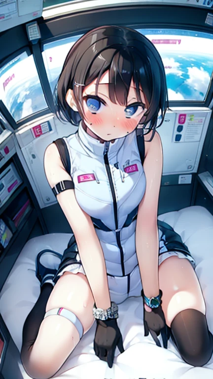 (Highest quality), (masterpiece), 1080P, High resolution, 4K, 8k, Inside the space station、Futuristic room、Thigh straps, Shooting from directly below, The woman on top of me, 白いSweat, Covered , Sweat, Woman looking down, Skirt swimsuit, Thigh-high socks, To achieve this, , , whole body, Black leather shoes, Braided hair, Inner Color, Embarrassed face, Short black hair, bracelet, Bedroom,celestial body_Vest
