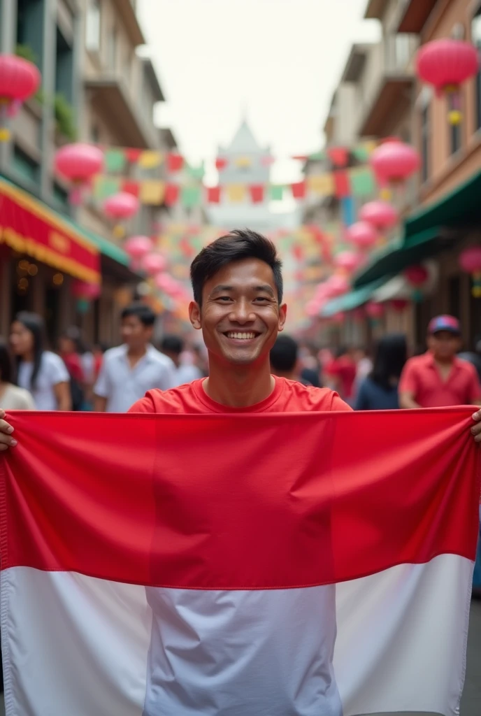 asian man, holding indonesia flag, he so proud, wearing red and white tshirt,