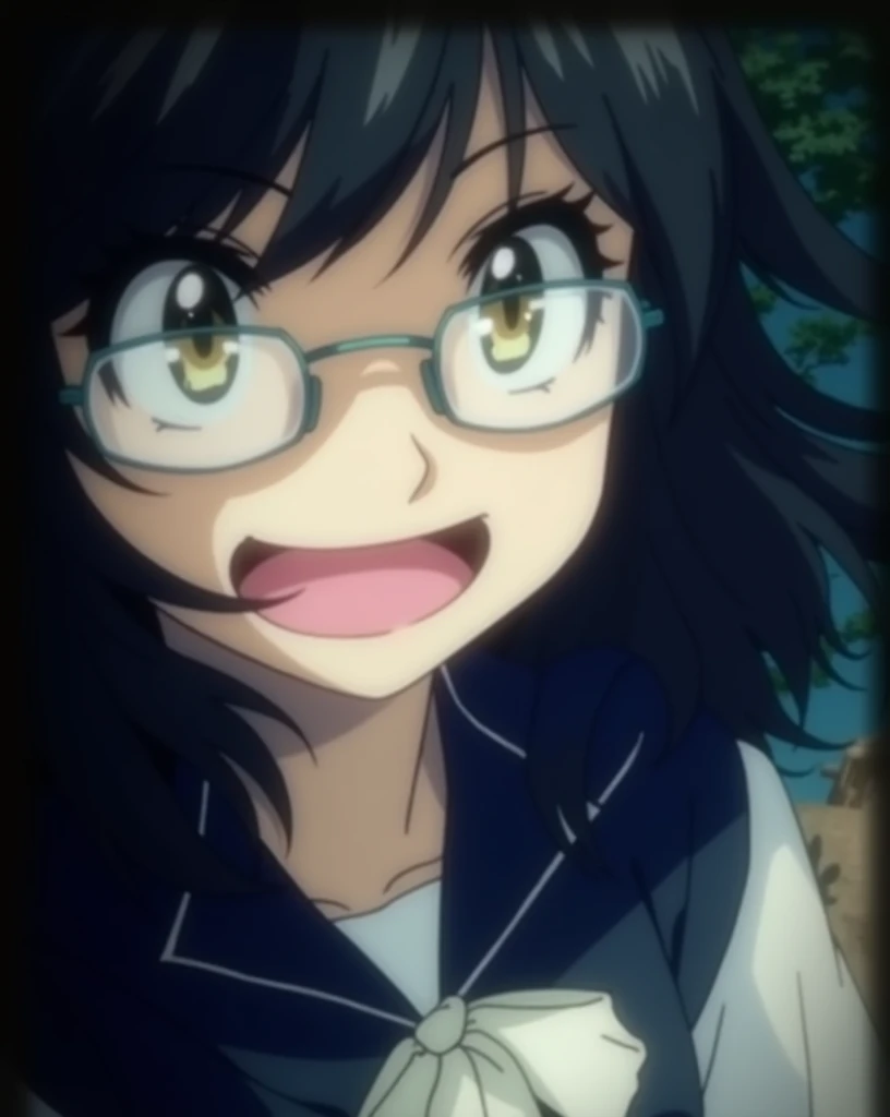 masterpiece, best quality, ultra-detailed, illustration,, (paisura:1.4), 1girl, glasses, big breasts, necktie, sexy skirt, bag, sexy school uniform, black hair, outdoors, road, between breasts, street, school bag, ground vehicle, danchi, japan,, slender body