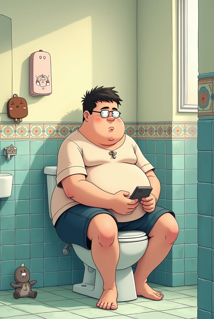 overweight man, sitting toilet, cell phone brother, defecating, The face is not visible, Japanese anime type