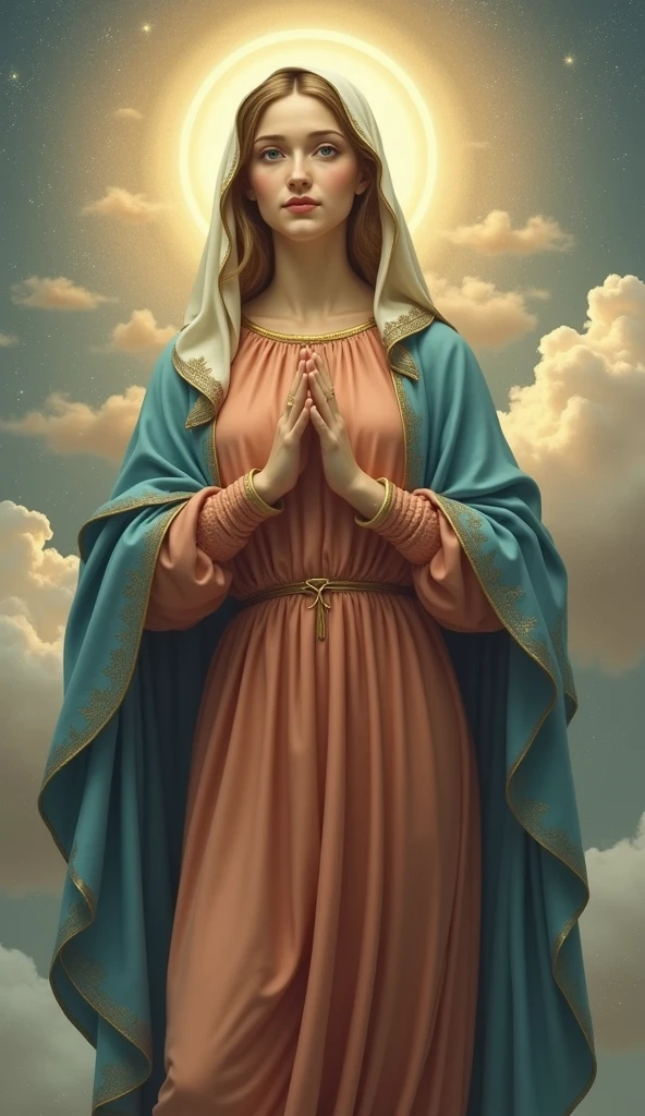 Staring at the camera with moist eyes、A beautiful Virgin Mary with a loving expression, whole body, Halo, Reddish beige tunic, Blue cloak and veil