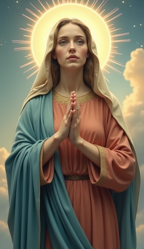 Staring at the camera with moist eyes、A beautiful Virgin Mary with a loving expression, whole body, Halo, Reddish beige tunic, Blue cloak and veil