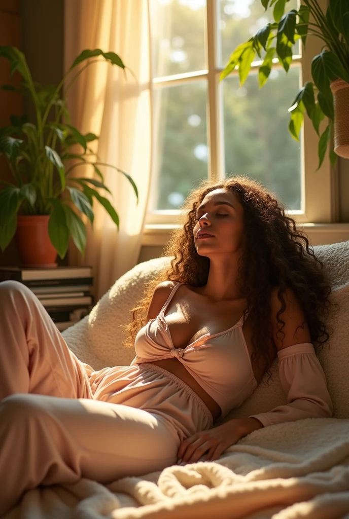 (photorealism:1.2), beautiful woman, sitting on bed, wearing loose off-shoulder top, pajama pants, long curly hair, indoors, soft lighting, plants in background, window with sunlight, cozy room, relaxed pose, realistic, intricate details, warm colors, by Greg Rutkowski, by Alphonse Mucha