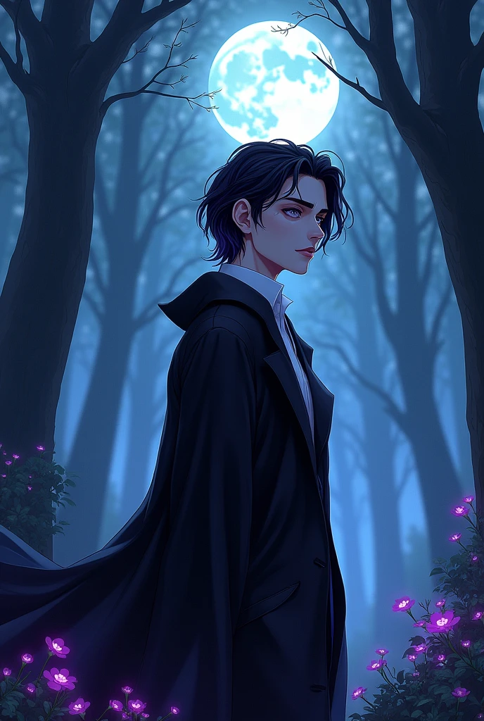 Boy with black hair and purple highlights, black eyes and white skin, that their facial features are a little strong, is a vampire, so he loves the forest. He's an adult now, that their face is well detailed.
Let it be in 2d or anime