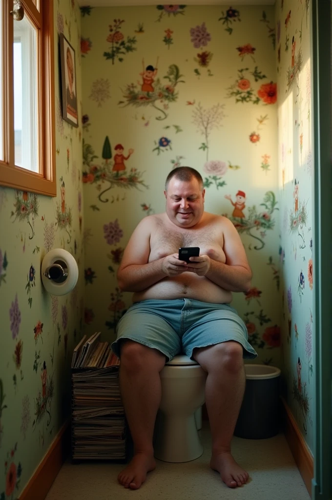 overweight man, sitting toilet, cell phone brother