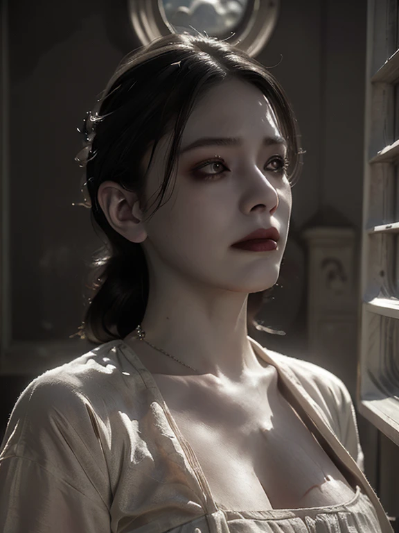 full body masterpiece, ultra realistic, 16k, high quality, incredibly detailed, dream aesthetic, dream atmosphere, cinematic, (sharp focus : 1.5), (photorealistic : 1.3) , A hyperrealistic young, very pale woman with long black hair and sad eyes, with a beautiful face, wearing a white dress. She is looking out of an old antique window. Horror and gothic atmosphere, with dramatic lighting and intricate details in both the woman and the surroundings. The window should have a gothic design, with shadows and light playing off her expression to enhance the mood of melancholy and mystery.