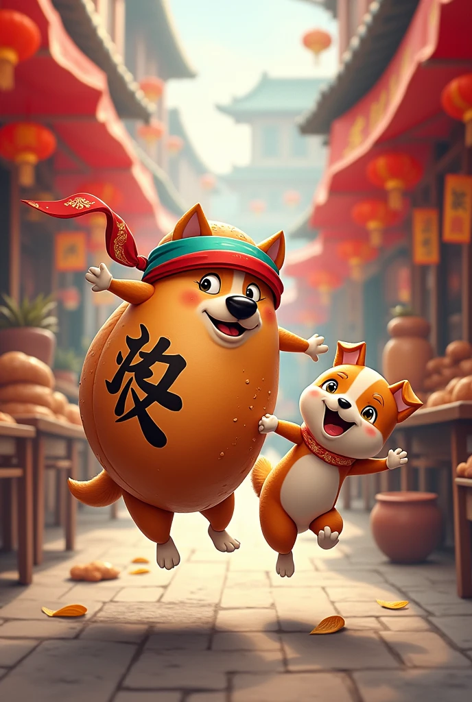 Chinese meat bun hits dog logo,Highlighting the act of hitting a dog，with a bun that has a head scarf，with the character baozi written on it。