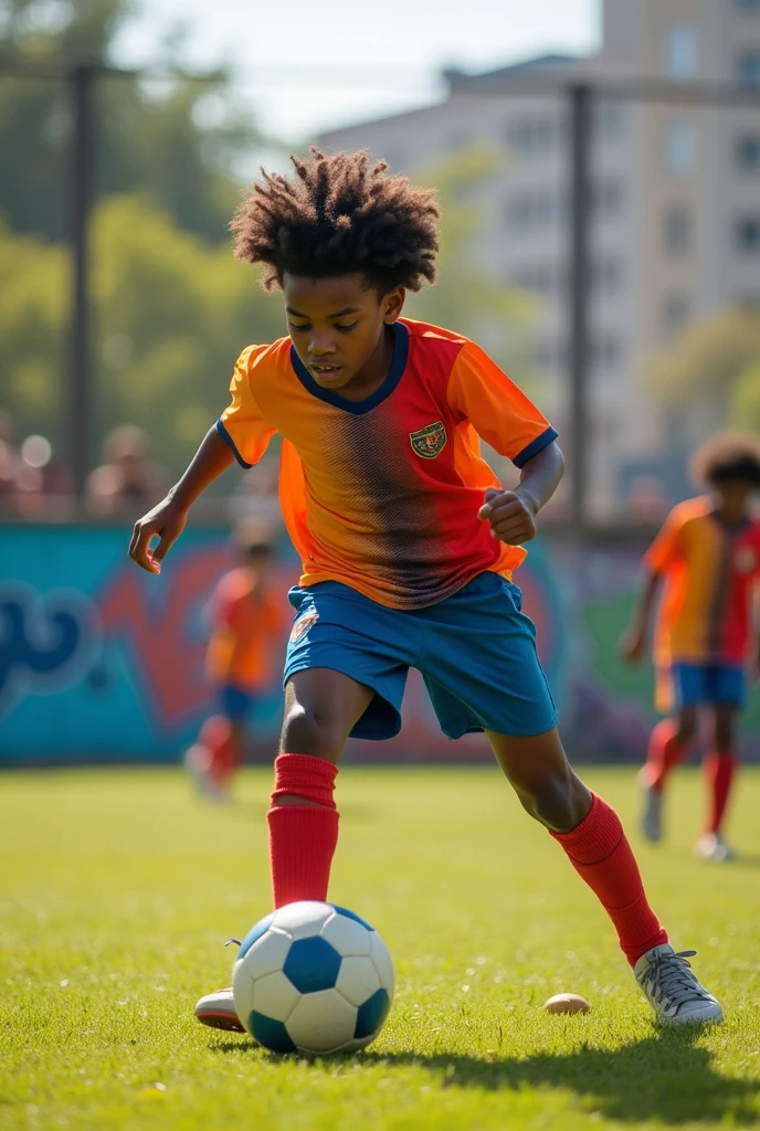 Make a ager , dark skin, of curly hair, playing ball, he has to be focused on the football game