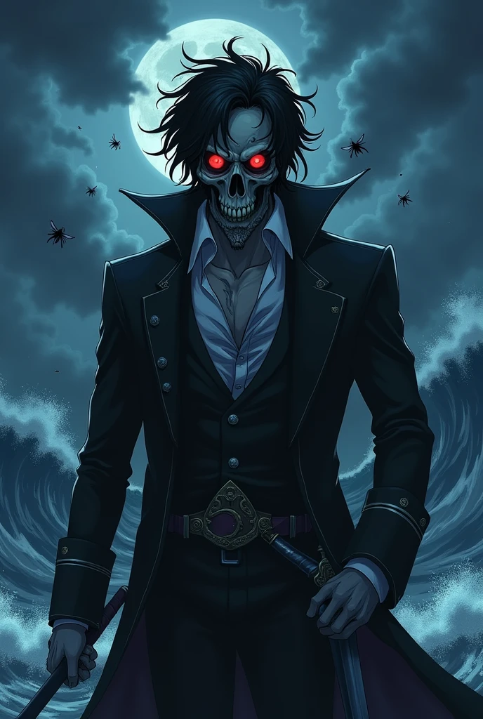Create a character according to this description dirty and unpleasant but imposing with hair on its ends bandages a human skull as a mask is human with darkness and mystery with flies , Salt water soaked into his skin, his suit was quite elegant, but his sea captain&#39;s suit was dirty, bandaging several tears that the suit had from his different adventures...A multi-purpose metallic arm. But most of the time he uses it to hold his sword and is pale. His children are not seen, but their pupils glow with an intense red. It's anime. 
