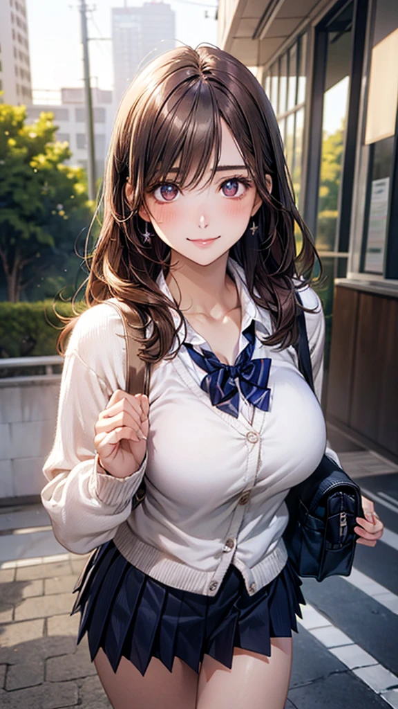 (masterpiece:1.2, top-quality), (realistic, photorealistic:1.4), beautiful illustration, (natural side lighting, movie lighting),
looking at viewer, cowboy shot, front view:0.6, 1 girl, japanese, high school girl, perfect face, cute and symmetrical face, shiny skin,
(long hair:1.4, half updo:1.5, light brown hair), hair between eye, dark brown eyes, long eye lasher, (large breasts:0.6, seductive thighs),
beautiful hair, beautiful face, beautiful detailed eyes, beautiful clavicle, beautiful body, beautiful chest, beautiful thigh, beautiful legs, beautiful fingers, big breasts, enhance breasts, busty, cleavage, press breasts together, hold breasts,
((white collared shirts, navy pleated miniskirt, white cardigan)), pink panties, school bag,
(beautiful scenery), evening, riverside, walking, (lovely smile, upper eyes),