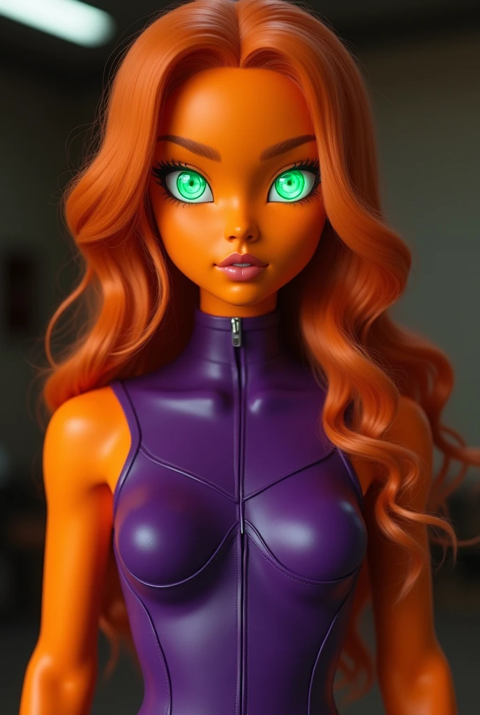 An orange skinned girl, wearing a purple sleeveless power suit. Her eyeballs are bright green, glowing and without pupils inside. She has orange long and wavy hair, an hairbang and she is busty. RAW photo
