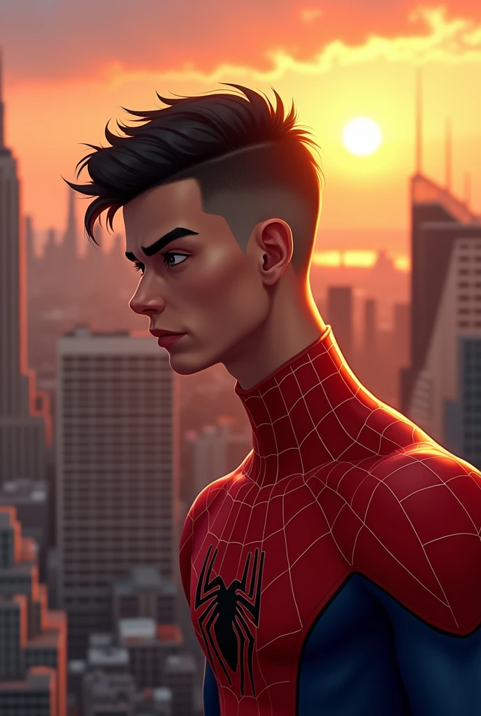 2d illustration of a Young man with shaved black hair with black eyebrows and white complexion. With athletic body dressed in the Spiderman suit on top of a building With the sunset on the horizon 