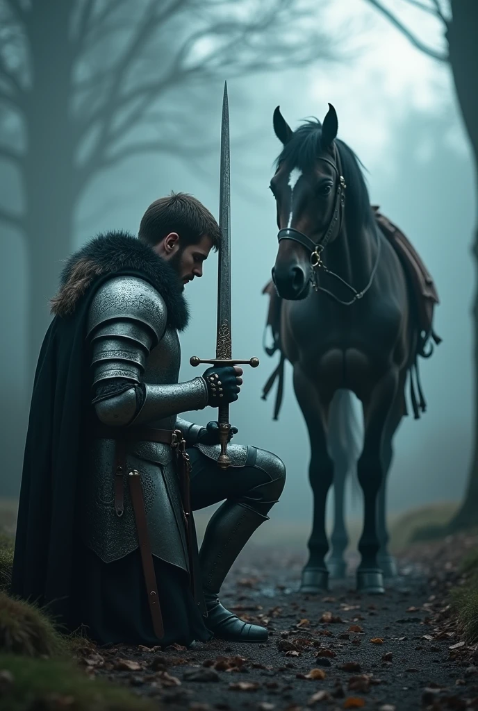 kneeling man with sword in hands next to horse, medieval dark fantasy, medieval holy knight crusader, holy knight crusader of the middle ages, holy crusader of the middle ages, arthur tarnowski, aesthetics of vikings and templars, adam marchinski, still from fantasy movie, holy medieval crusader, holy sword in hands, medieval fantasy, fantasy middle ages, sad crusader,