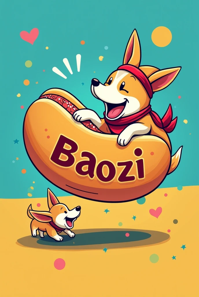Chinese meat bun hits dog logo,Highlighting the act of hitting a dog,with a bun that has a head scarf,with the character baozi written on it。