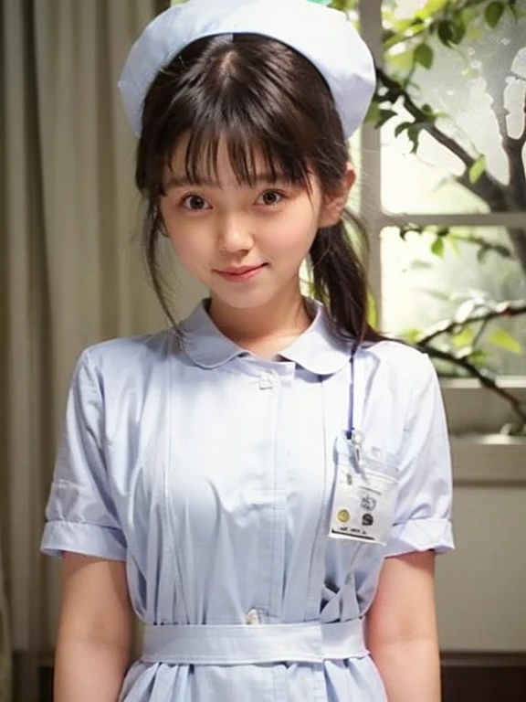 woman, alone, (Wearing white nurse clothes:1.2), bangs, Black Hair, Low ponytail, nurse, Perfect Anatomy, nurse uniform, (Nurse cap), (White costume), Long skirt, hospital, Face close-up, 