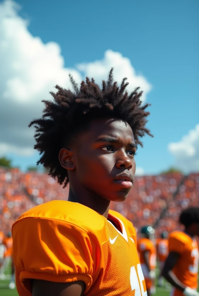Make an 18 year old ager, dark skin, of curly hair, playing ball, he has to be focused on the football game