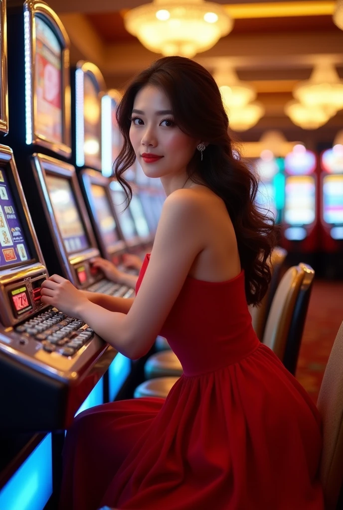 An elegant and realistic Asian woman wearing a red evening gown and playing slot machines.